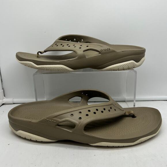 Crocs Sandals Mens 12 Swiftwater Deck Flip Flop Tan Khaki Stucco Thong - Picture 1 of 6